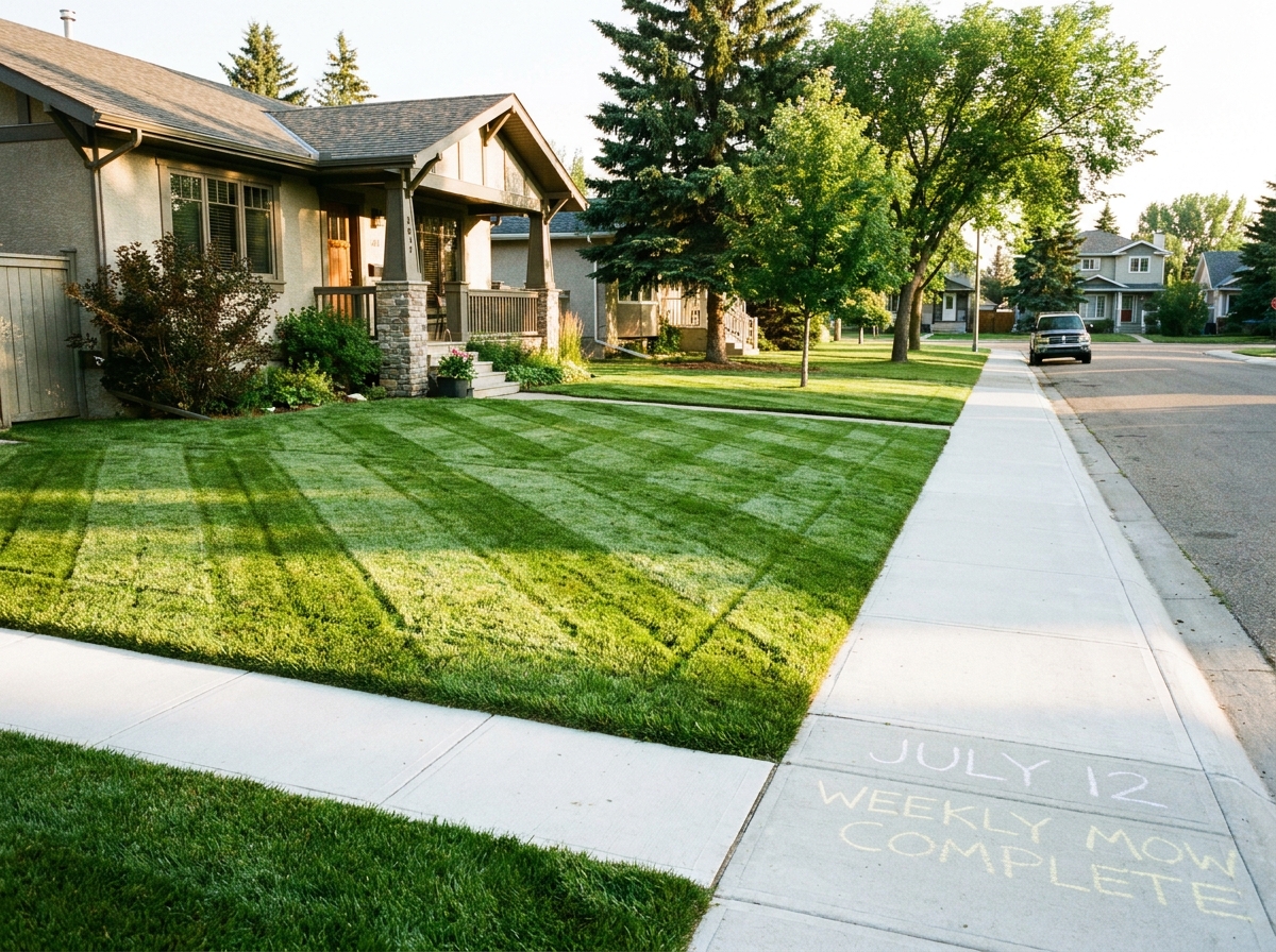 A neat residential lawn after a weekly mow with crisp edges and clean trimmed hedges